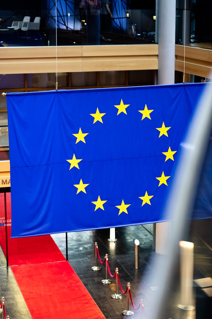 hero-img-01 European Union flag hanging inside Strasbourg's Parliament building with a red carpet.