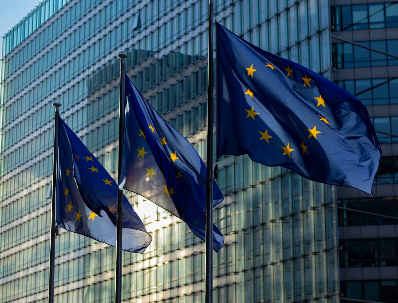 gallery-2 EU flags waving in front of the European Commission building in Brussels, Belgium.